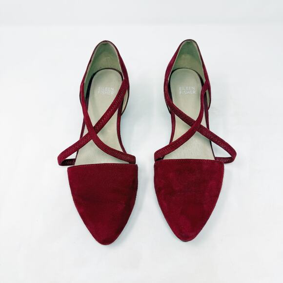 [Eileen Fisher] Red Suede Leather Poet Crisscross Straps Block Heel Pumps Sz 8.5 - Picture 2 of 11